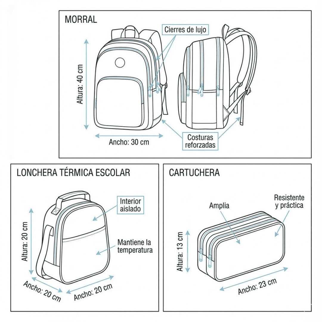 NUEVO COMBO ESCOLAR 3X1 PRO BOLSO + LONCHERA + CARTUCHERA
