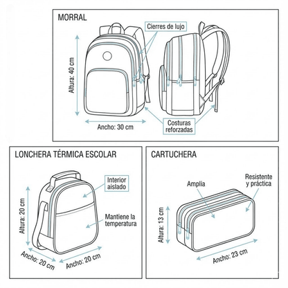 NUEVO COMBO ESCOLAR 3X1 PRO BOLSO + LONCHERA + CARTUCHERA